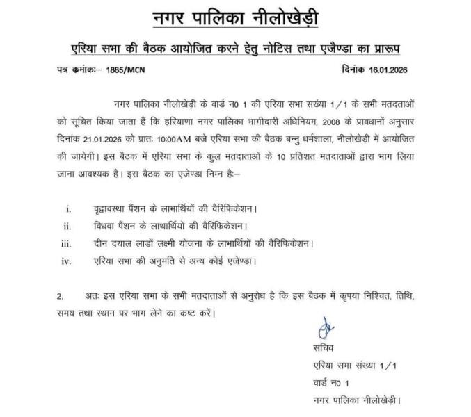 Meetin Notice of Area sabha of Nilokheri